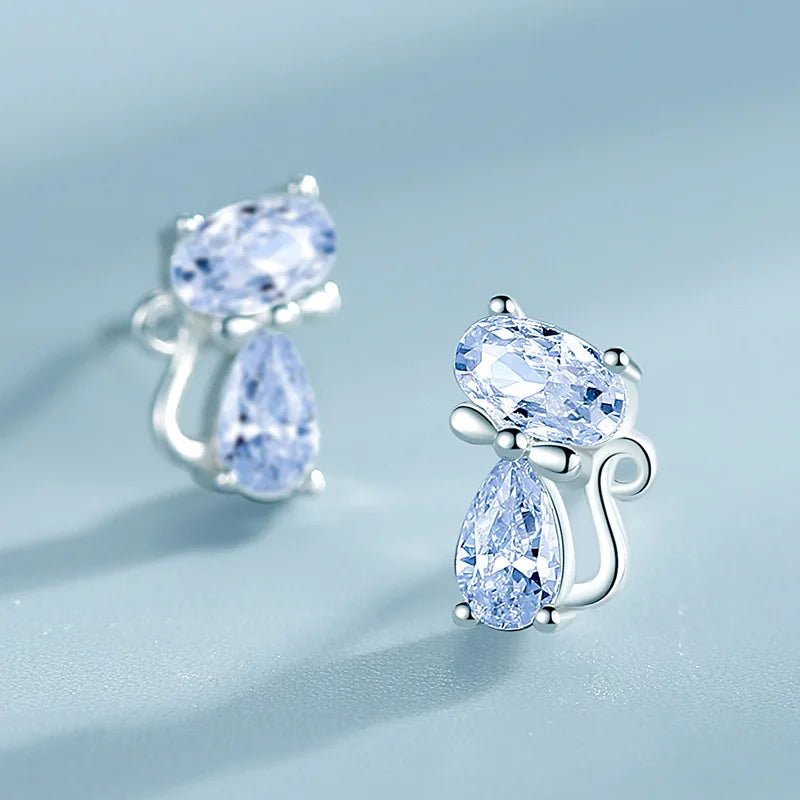 Hemasa 925 Silver  Fashion Crystal Cat Stud Earrings for  Girls Birthday