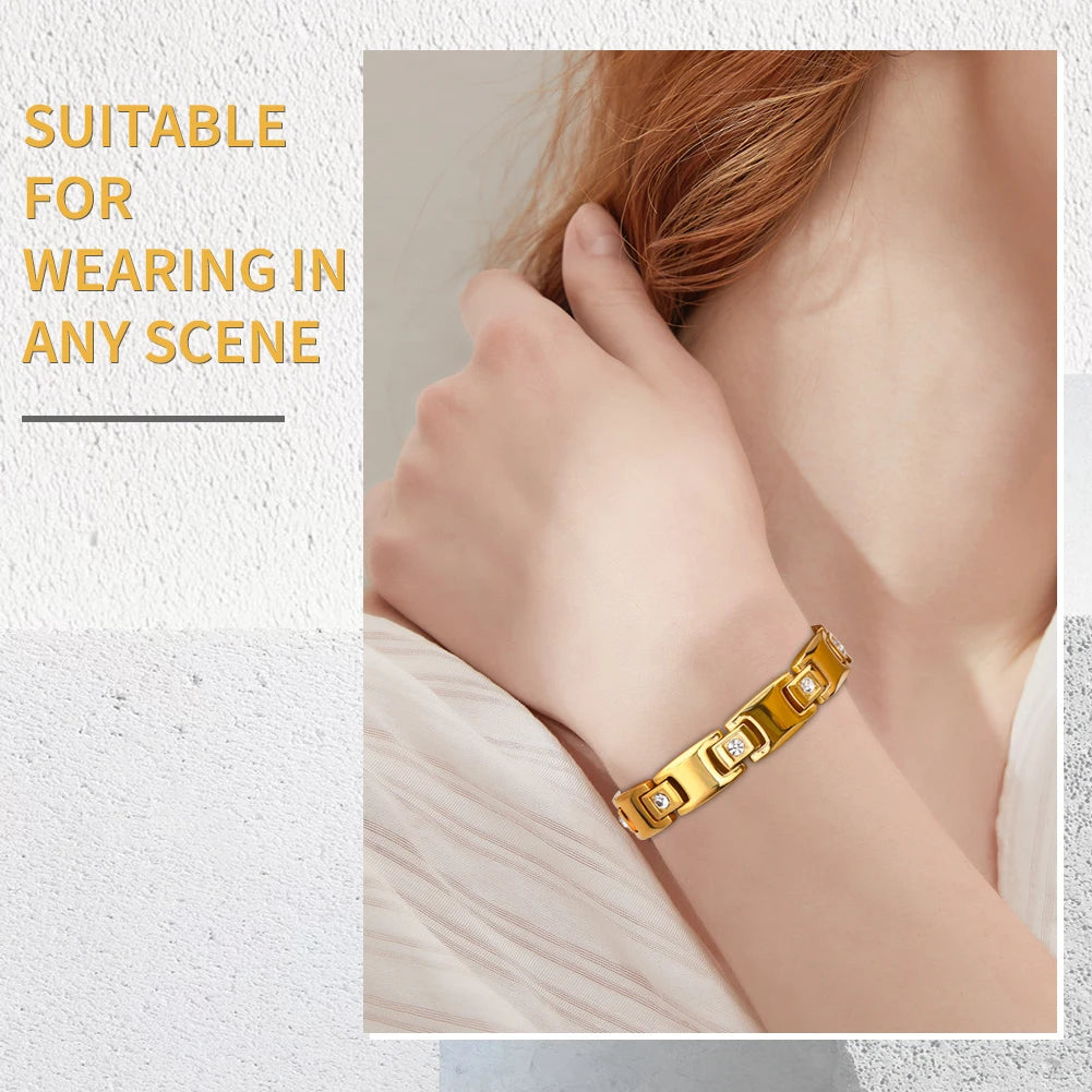 Hemasa  10mm Width Stainless Steel  Gold-Color Magnetic Health Charm Bracelet For Women