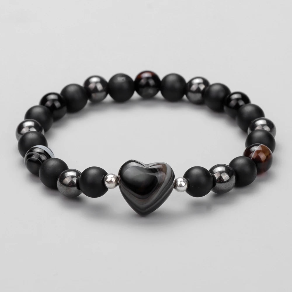 8mm Natural Stone Bracelet Love Heart Shape Tiger Eye Agates Quartz Beads Charm Bracelet for Women Men Fashion Jewelry Gift