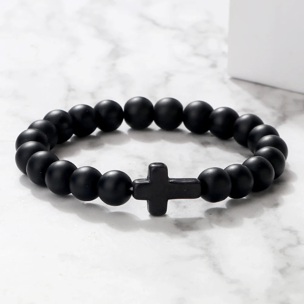 Hemasa Natural Stone Bracelet Cross Black Lava Matte Beaded Bracelets