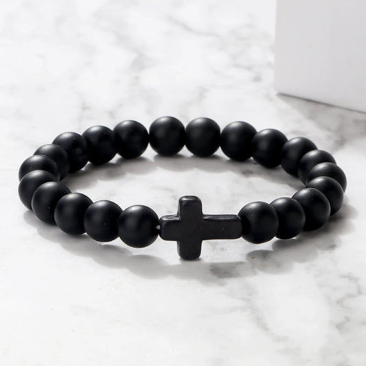 Hemasa Natural Stone Bracelet Cross Black Lava Matte Beaded Bracelets