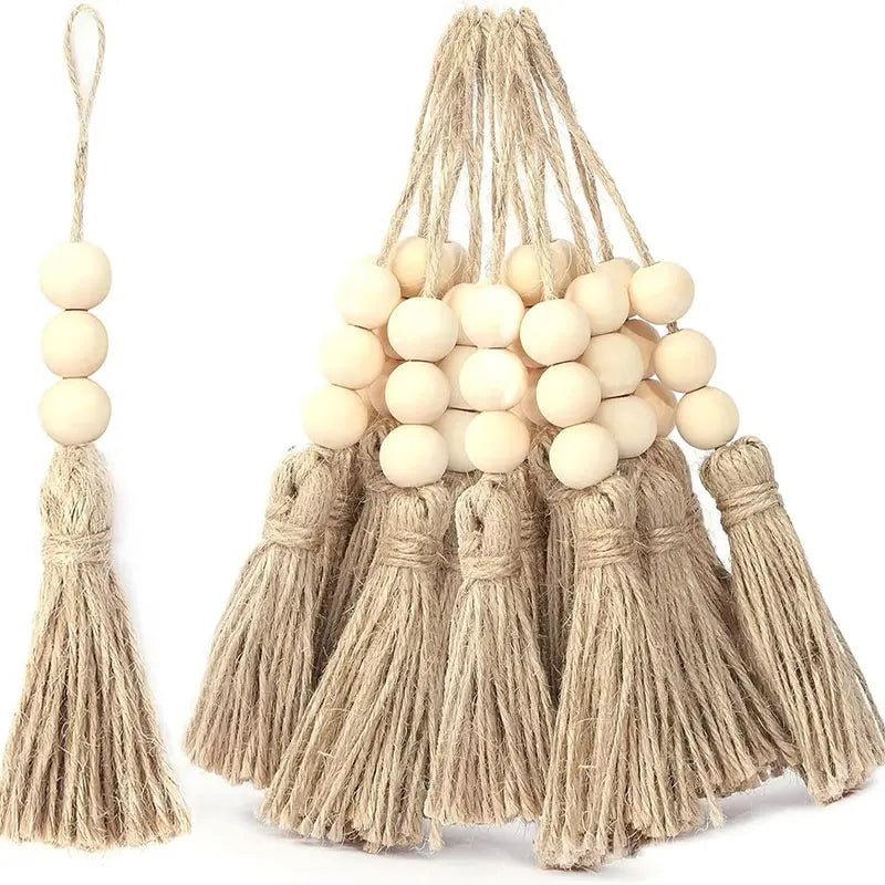 1pcs Tassel Fringe Jute Rope Tassels with 3 Wood Beads Hemp Burlap Tassels for DIY Craft Curtain Home Party Decorations