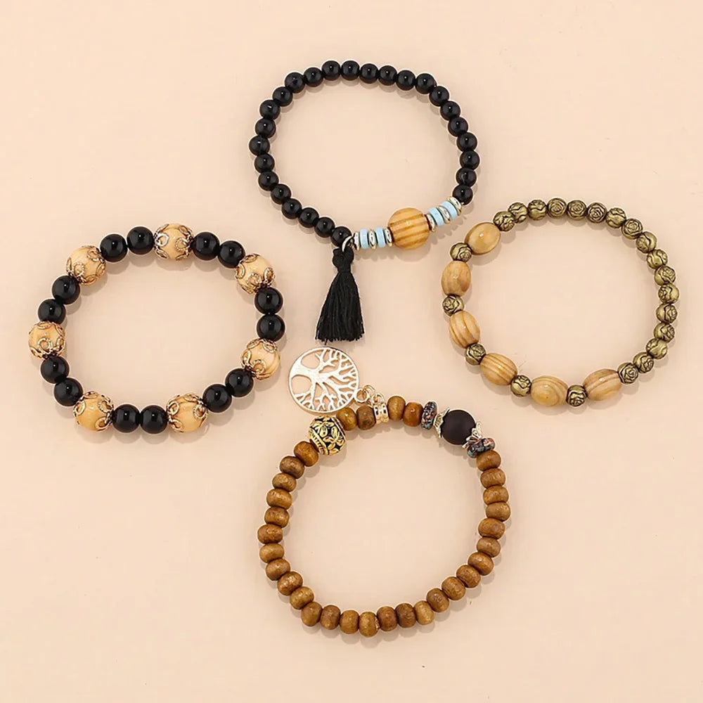 Bohemian Black Tassels Bracelet Set For Women Tree Of Life Charm Wooden Beads Elastic Chain Bangle Girls Fashion Jewelry