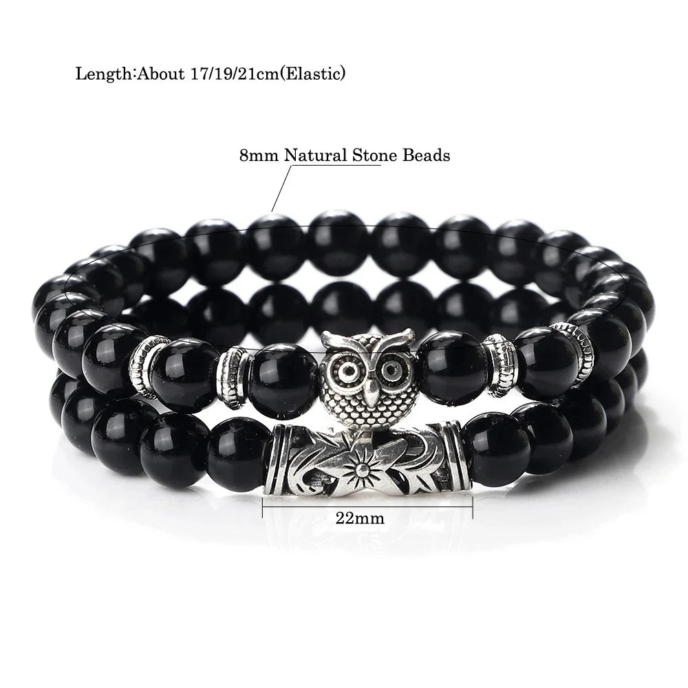 Fashion Natural Stone Beads Bracelet For Men Classic Owl Beaded Black Lava Onyx Beads Charm Bracelets Women Jewelry Couples Gift