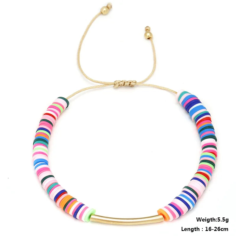 WG 1pc Polymer Clay Beaded Bracelet Hand-Woven Colored Pottery Beaded Copper Tube Bracelet Beach Holiday Jewelry