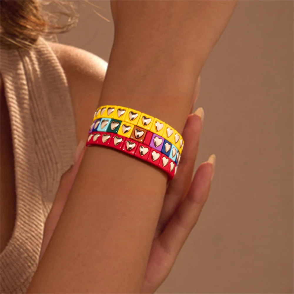 8mm Square Shape Love Bangle For Women Rainbow Color Peach Boho Enamel Elastic Beads Bracelets