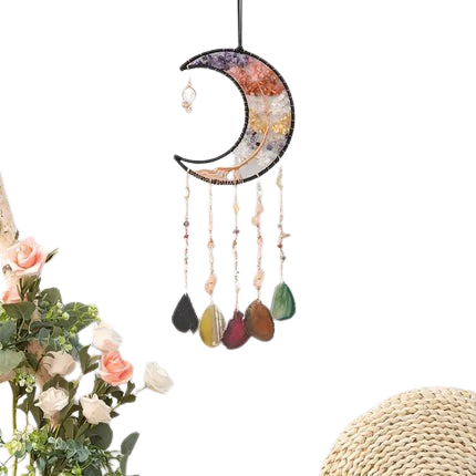 Hemasa Crystal Natural Gemstone Tree of Life Healing Pink Quartz 7 Chakras Grave Agate Stones Reiki Moon Suncatcher Hanging Home Decor