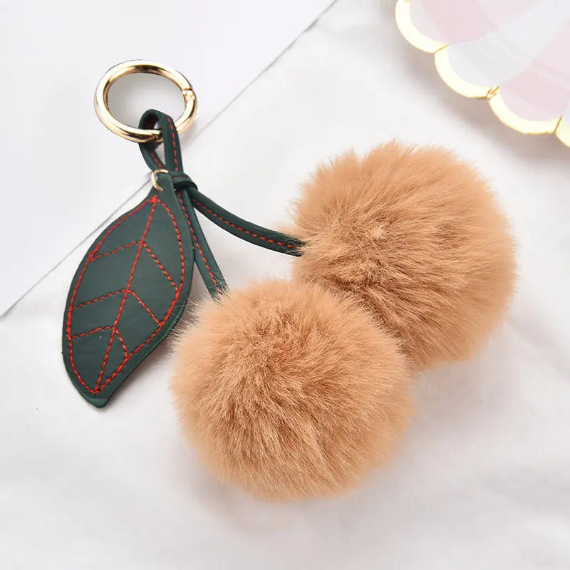 New Fashion Plush Cherry Keychains for Women Girls Fluffy Cartoon Rabbit Fur Ball Pompom Leaf Key Chains Rings Keyring Bag Gifts