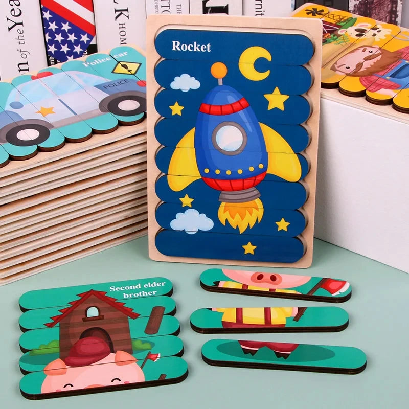 Hemasa Baby Wooden Montessori Puzzle Child Game Wooden Puzzle 3D Cartoon Animal Puzzle Babies Toys Puzzles For Kids 1 2 3 Year Old