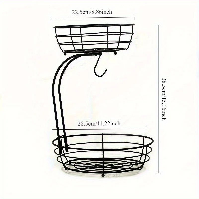 2-Tier Octagonal Stainless Steel Fruit Basket with Detachable Banana Hangers - Space-Saving Kitchen Counter Organizer