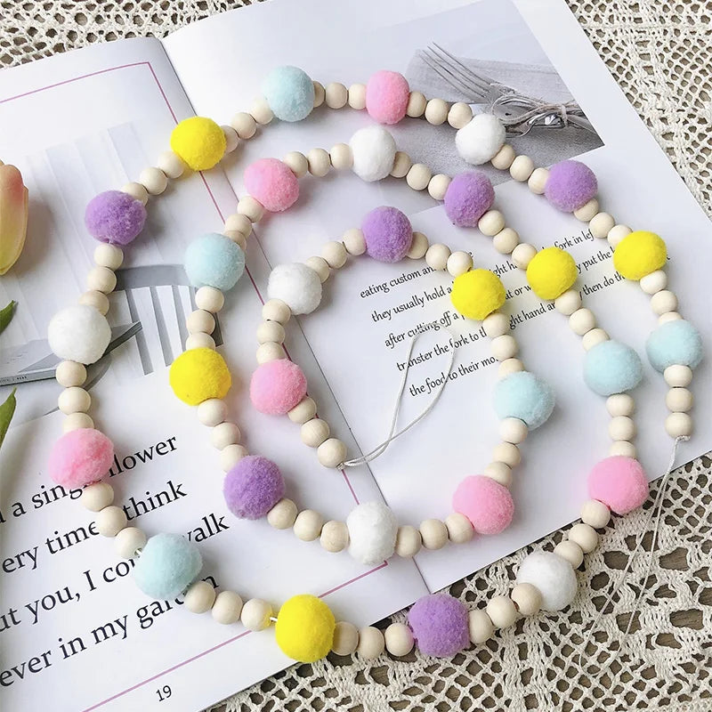 Scandinavian Wood Beads Pompom Ball Garland Wall Hanging String Ornaments Kids Girl Bedroom Nursery Room Baby Shower Decorations