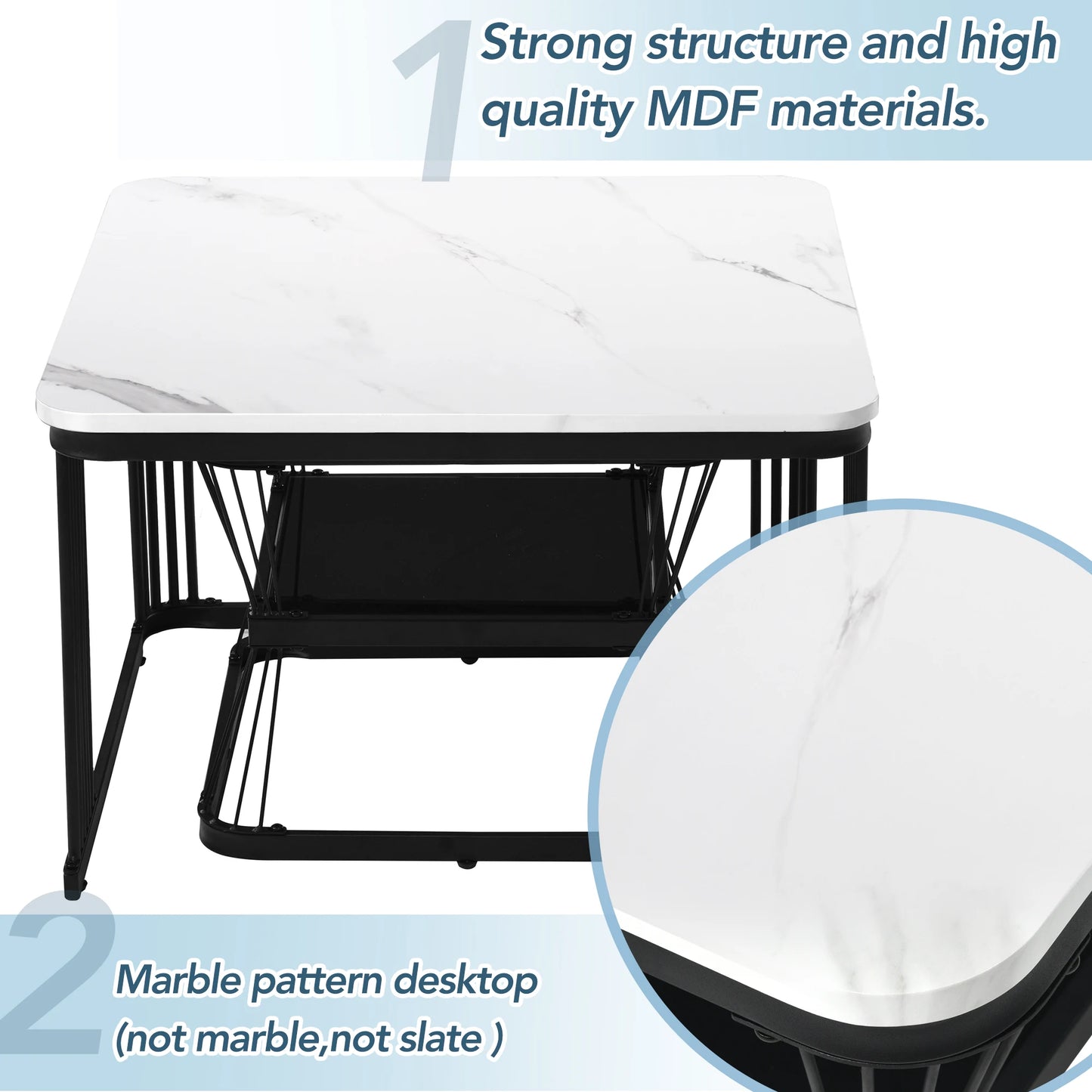 Set of 2 Nesting Tables with Black Metal Frame and Marble Pattern Top, Square Coffee Table Set for Living Room Home