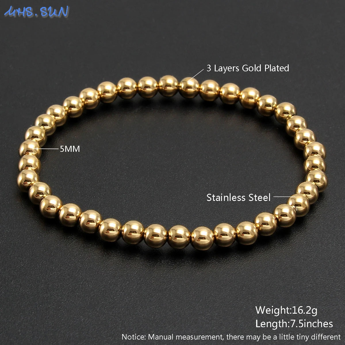 MHS.SUN Fashion Waterproof Smooth Stainless Steel Bracelets 2-10mm Elastic Beaded Gold Plated Stackable Bracelet Women Jewelry