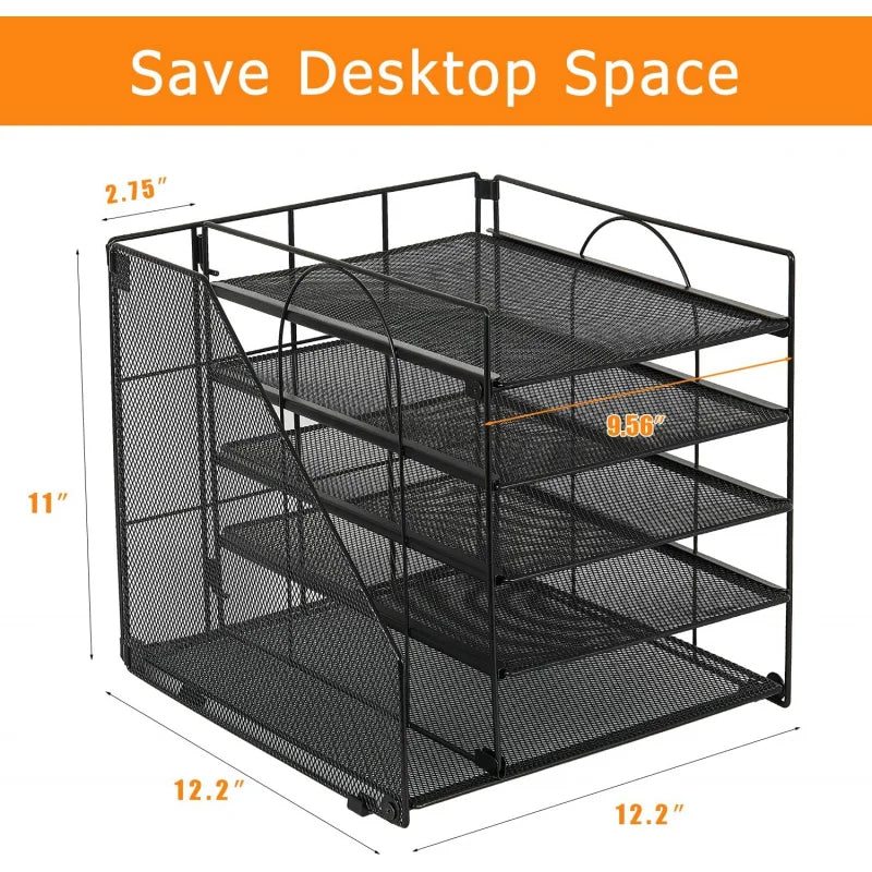 5 - Tier Paper Letter Tray Organizer with File Holder: Office Supplies Desktop Organizer
