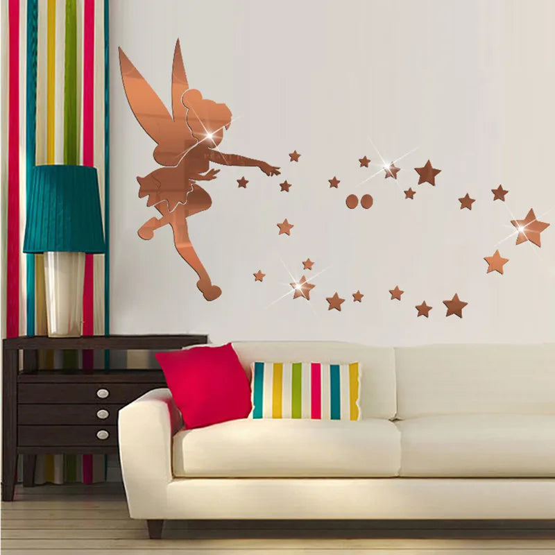 Hemasa 1 Set 3D Fairy Blown Star Plastic Mirror Wall For Girls Room  Stickers with  Glue
