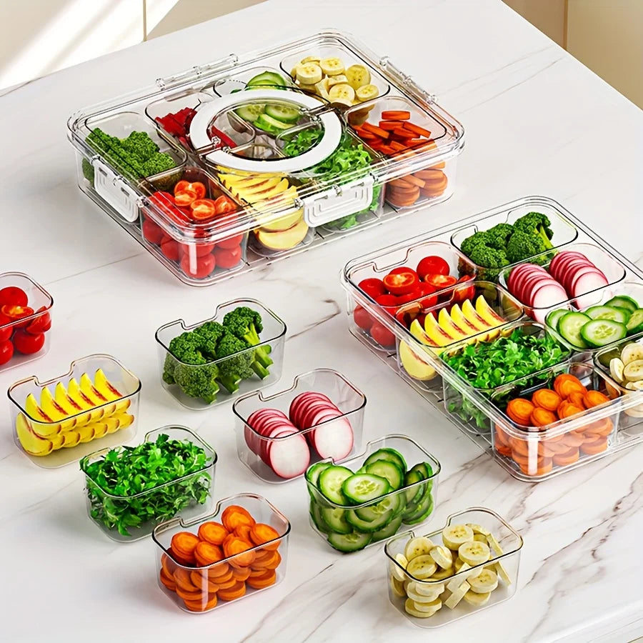 Tejesa Divided Plate with Lid, Food Storage Box, Snack Box, 4/8 Grid Snack Box, Fruit Storage Box for Refrigerator, Vegetable, Fruit