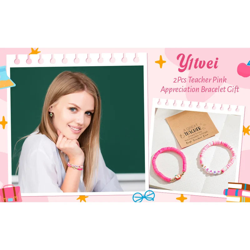 Teacher Days Gift Jewelry Handmade Fruit Apple Charm Teach Alphabet Polymer Clay Beads 2 Pack Teacher Bracelets Jewelry