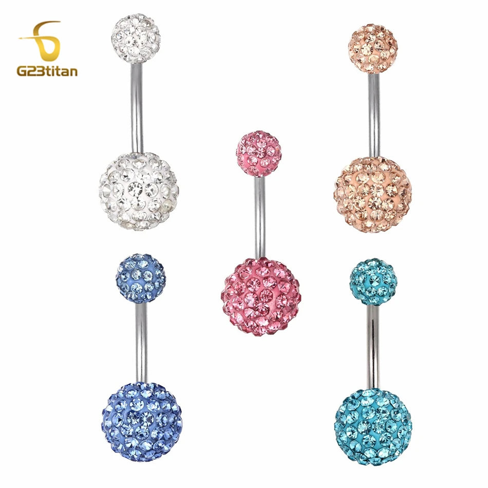 G23titan 2 Side Crystal Clay Beads Disco Ball Belly Piercings Rings 14G Titanium Bar Navel Earring Hypoallergenic Body Jewelry