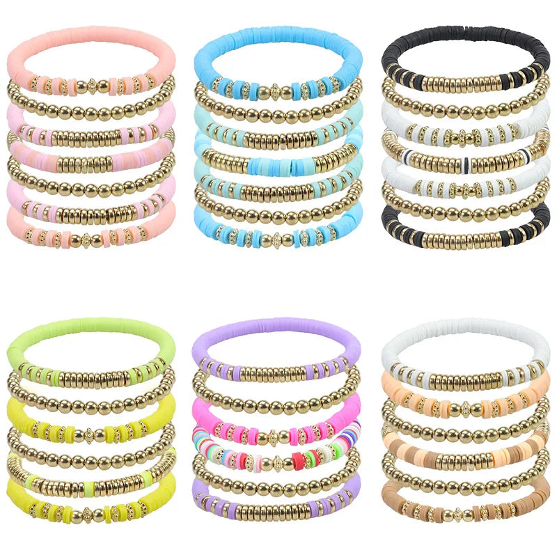 Hemasa 7Pcs Boho   Colorful Polymer Clay Beads  Bracelet Set   For Teen Girls /Women