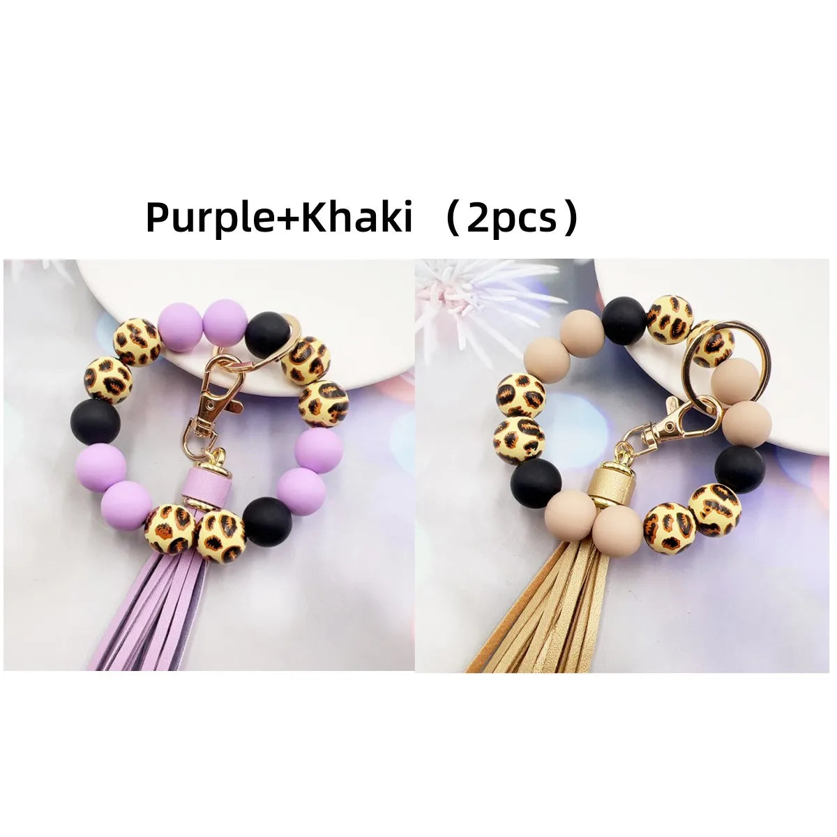 Leopard Print Acrylic Bead Bracelet, with PU Leather Tassels AndKeychain Bag Pendant, Women's Car Wrist Keyring