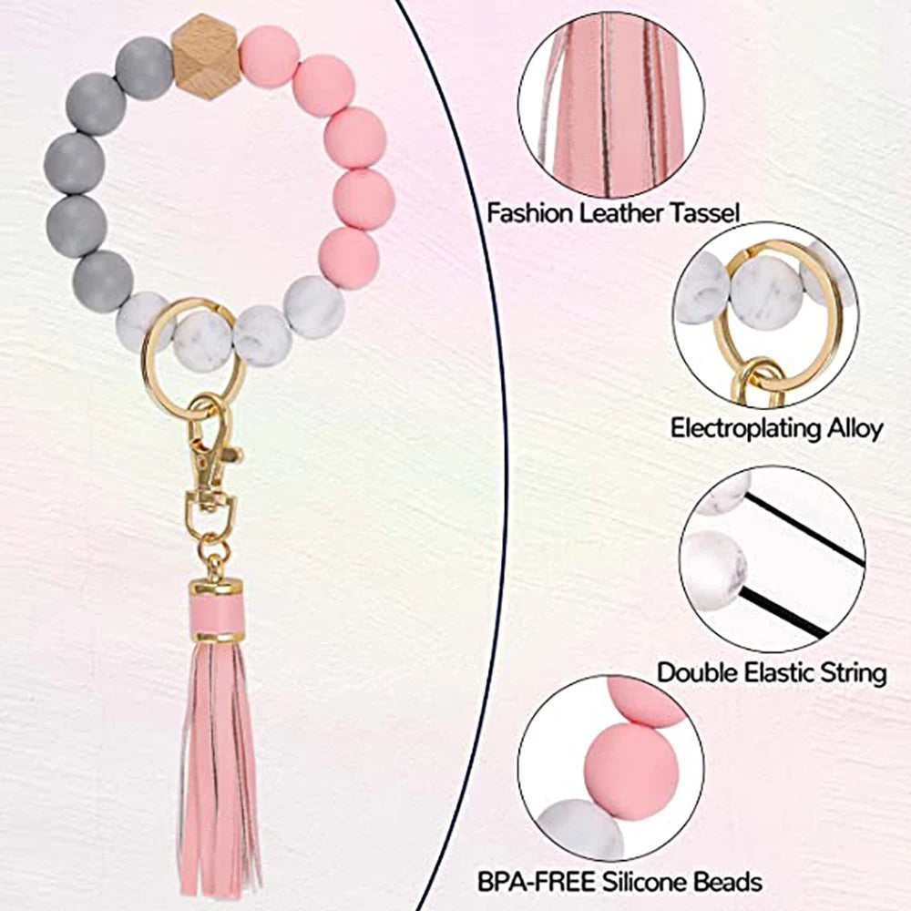 Hemasa Key Ring Bracelet Car Keychain Holder Wristlet / Silicone  Beaded Bangle Chains With  Leather Tassel