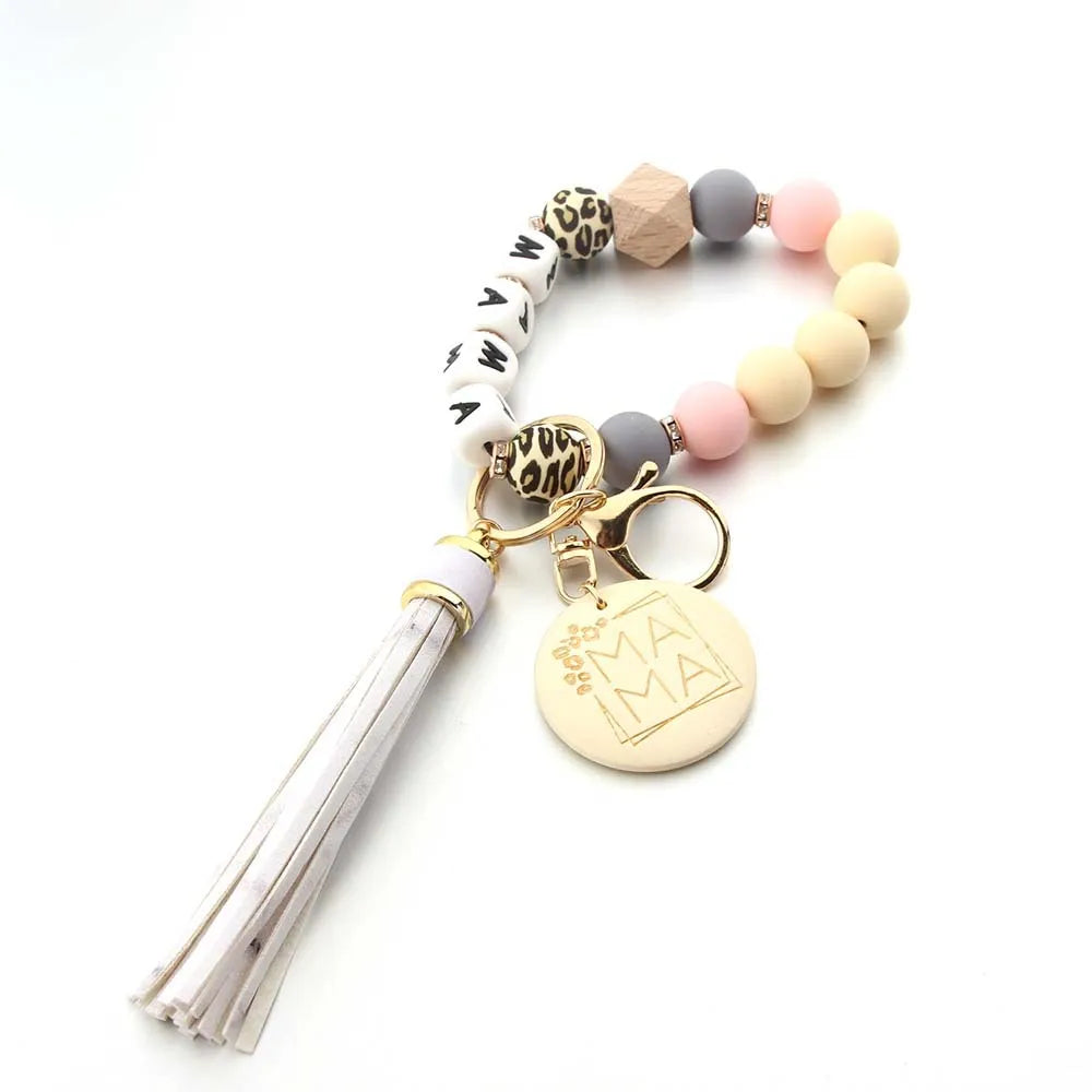Fashion Round Wooden MAMA Pendant Tassel Keychain Silicone Ball Dice Woven Bag Charm Chain For Mother's Day gift
