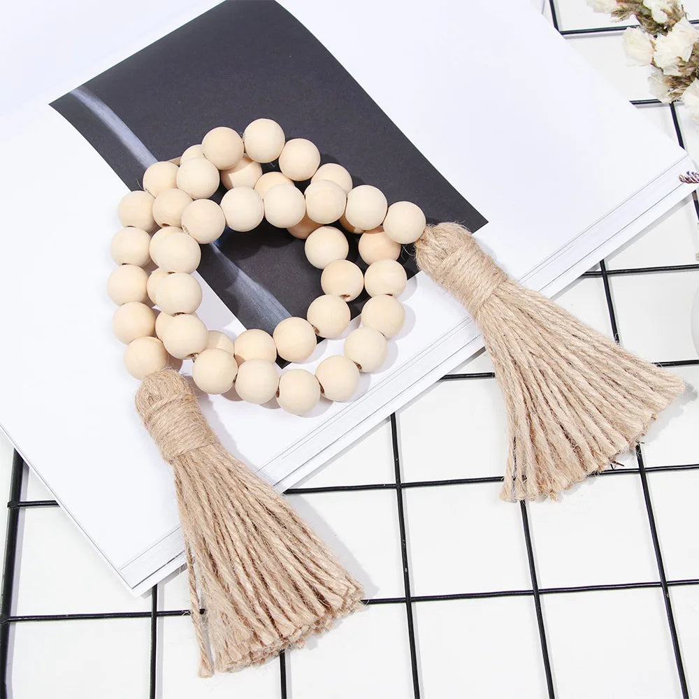 Wood Bead Garland with Jute Rustic Boho Tassels String DIY Wall Hanging Handmade Garland Farmhouse Home Decor Ornament Gift