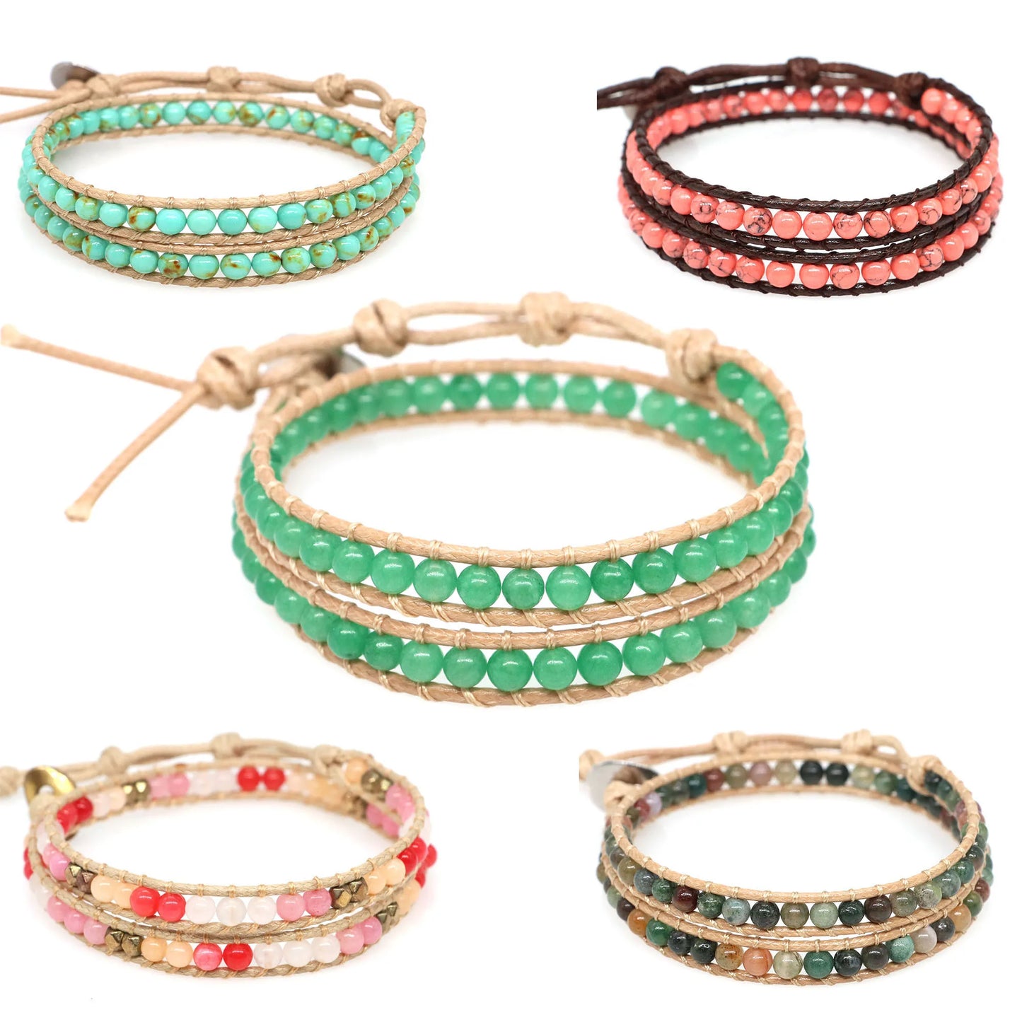 Green Turquoises Beads Bohemian Bracelets Crystal Gems for Women Men 2 Strands Multilayer Wrap Handmade Braided Charming Jewelry