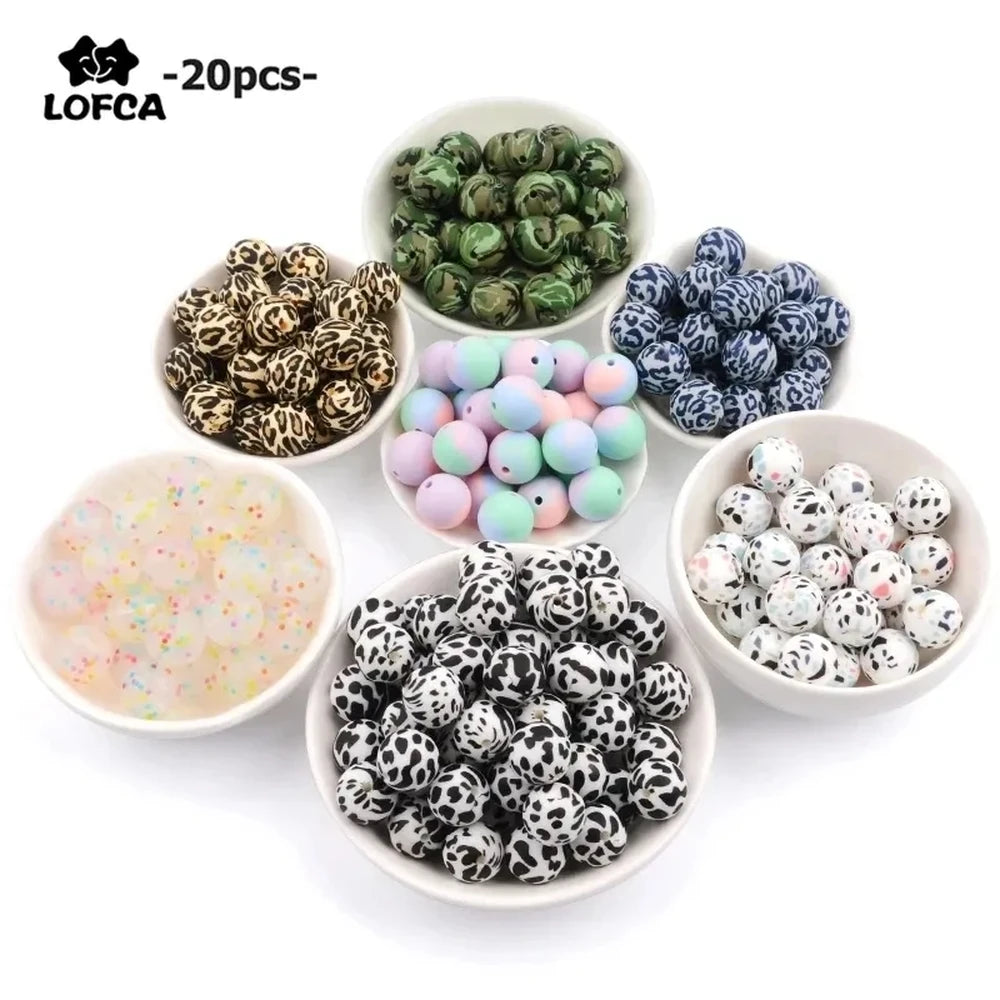 LOFCA 20pcs Tie dye leopard Terrazzo Dalmatian camo Silicone Beads Teething Beads DIY Chewable Colorful Teething For Infant Baby