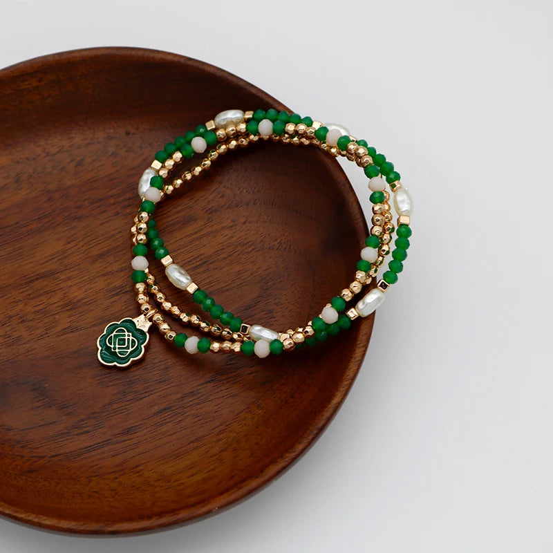 Green Beads Bracelets Set For Women Three Elastic Enamel Charm Fashion Item Cream Mixed Imitation Pearl Jewelry Party Gift C1075