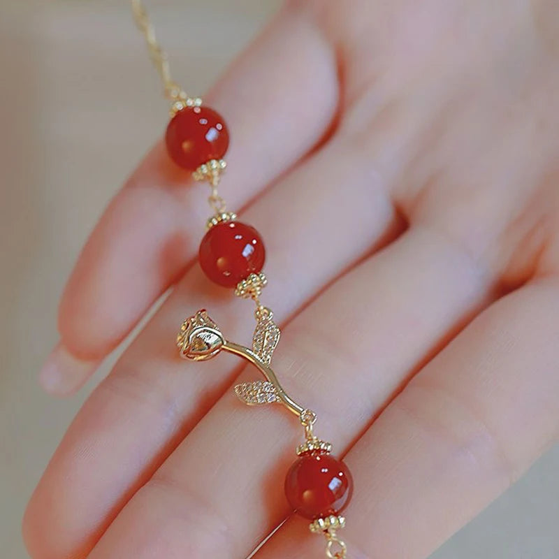 Korean Style Light Luxury Rose Charm Bracelets Fashion Chain Romantic Red Beads Rhinestone Bangle For Women Wedding Jewelry Gift