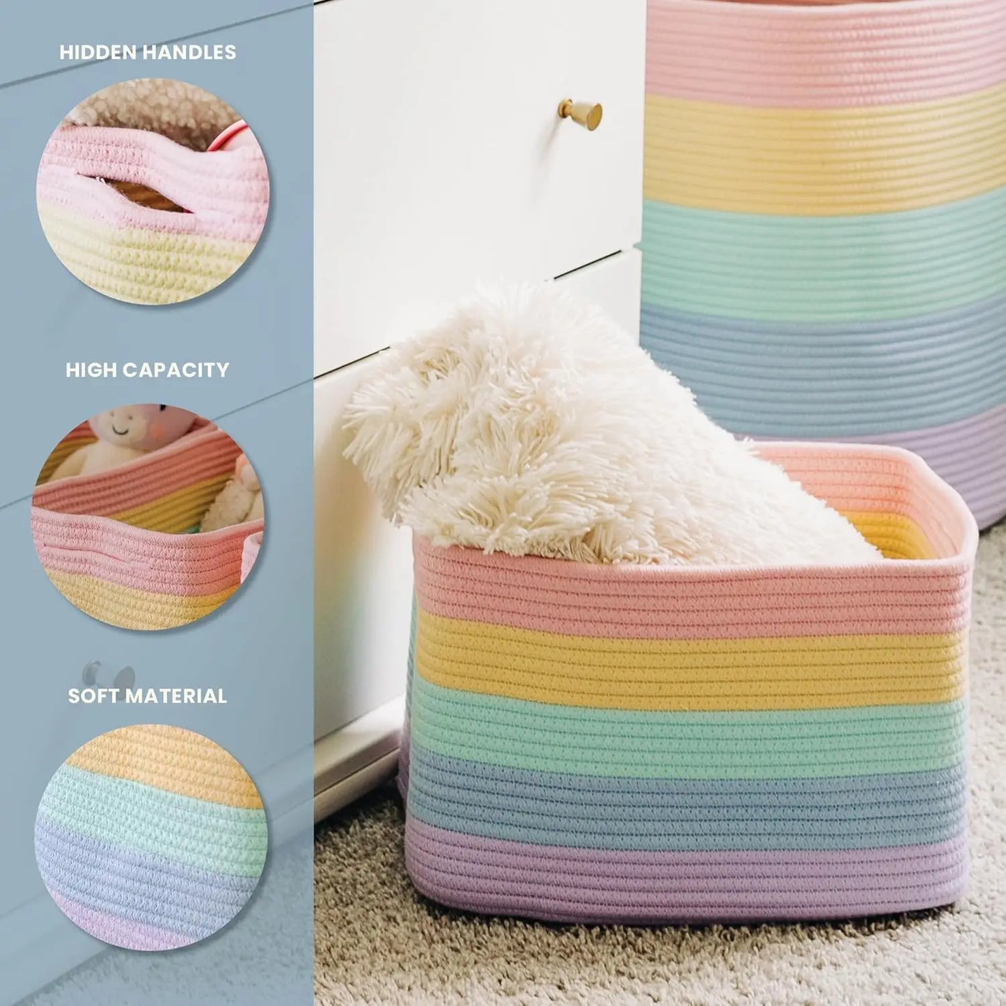Rainbow Woven Storage Baskets for Organizing Cotton Rope Organizer Bins for Shelves Closet Nursery Dog Toy Basket DecorativeBins
