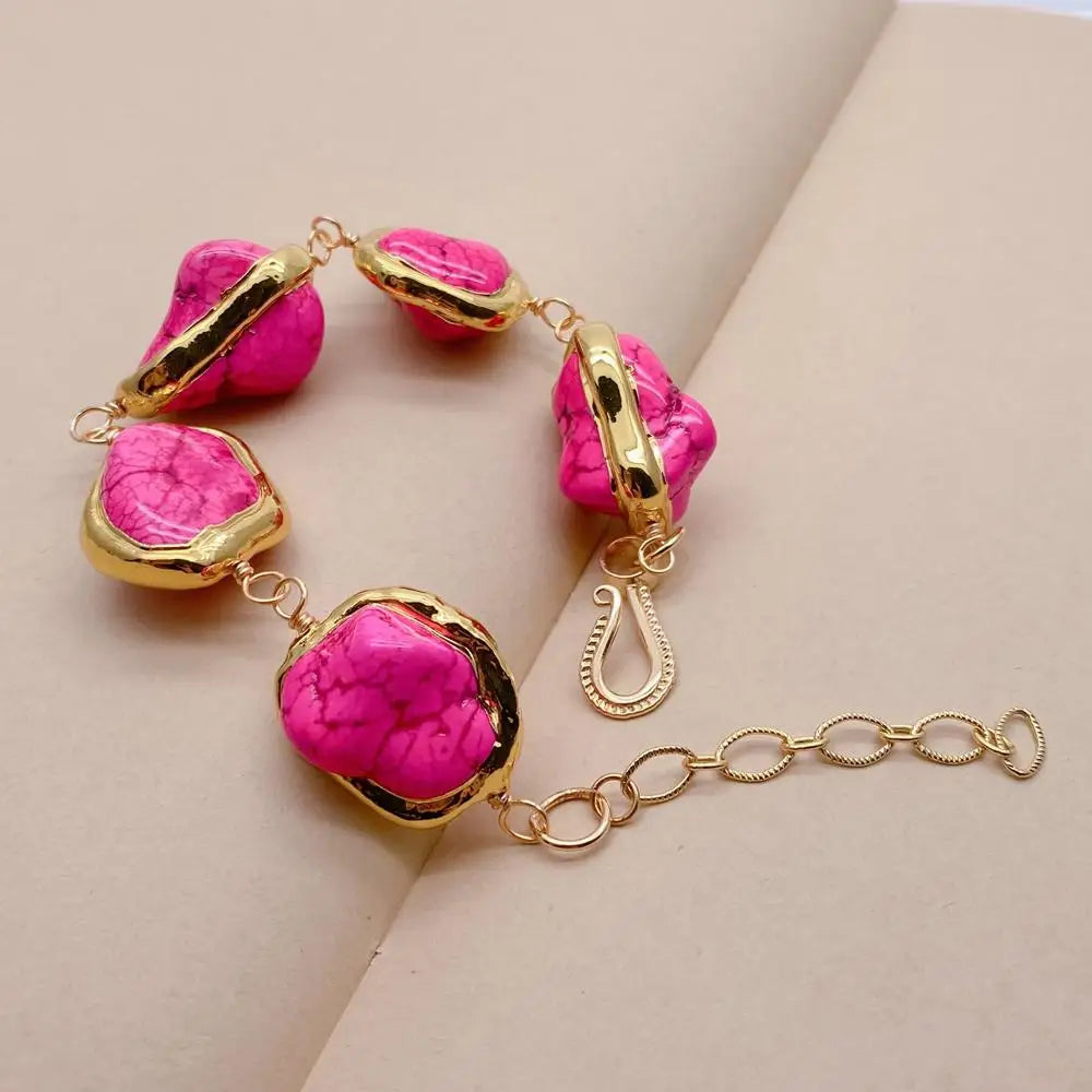 Y·YING Pink Turquoise Freeform Shaped With Gold Plated Bezel Beaded Bracelet