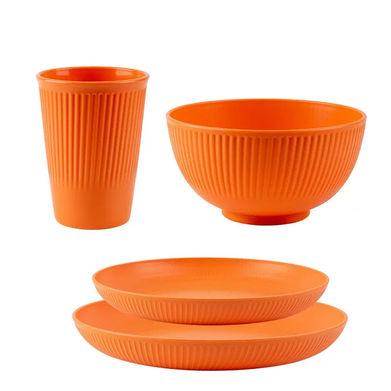Wheat Straw Cutlery Set 4Pcs/Set Bowl Cup Dish Set Portable Tableware Set Dinnerware Kits for Picnic Camping
