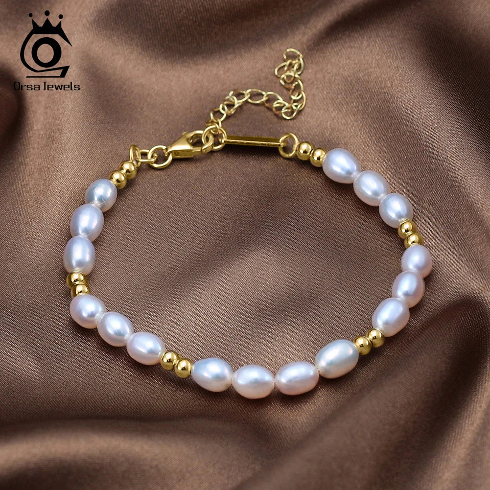 ORSA JEWELS Elegant 14K Gold Beads Bracelet 925 Sterling Silver Freshwater Pearl Chain Bracelets for Women Party Jewelry GPB36