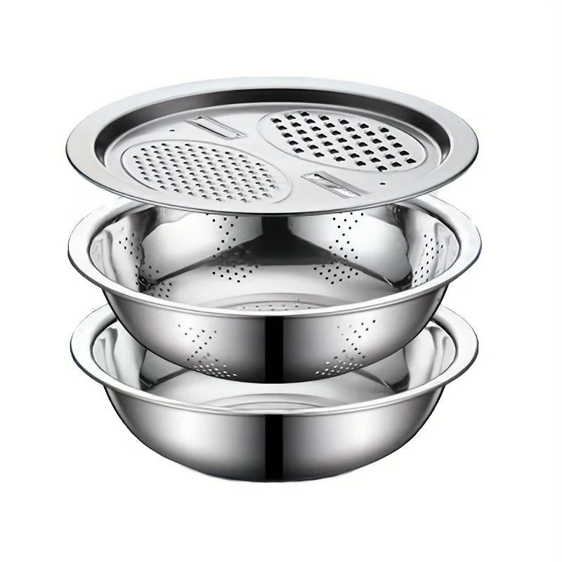 Tejesa 3 in 1  Kitchen Kit with Stainless Steel Multifunctional Mixing Bowl Vegetable Slicer - Suitable for Cleaning and Slicing Fruits