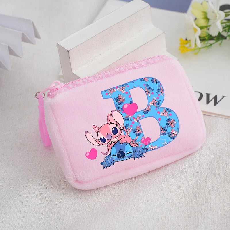 Disney Stitch Plush Coin Purse Cute Anime Cartoon A-Z Letter Stich Printed Wallet Kawaii Girls Earphone Storage Zipper Bag Gifts