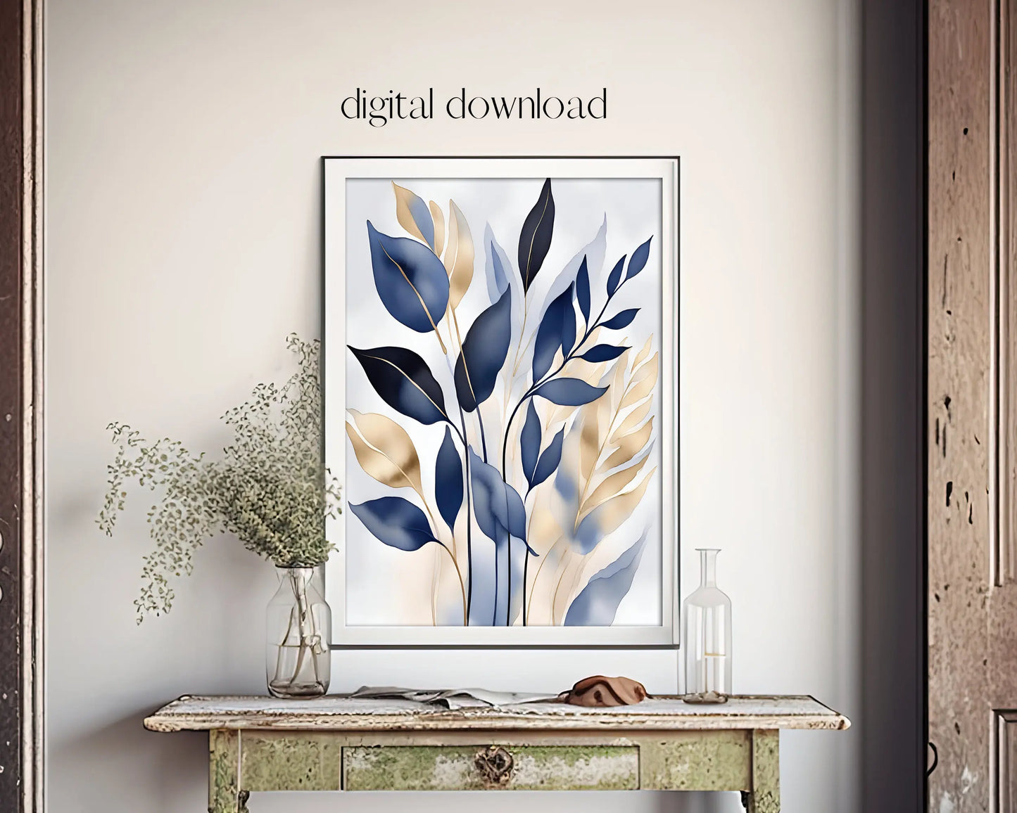 Retro Blue Botanical Abstract Printable Modern Leaves Art Poster Canvas Painting Wall Prints Picture for Living Room Home Decor