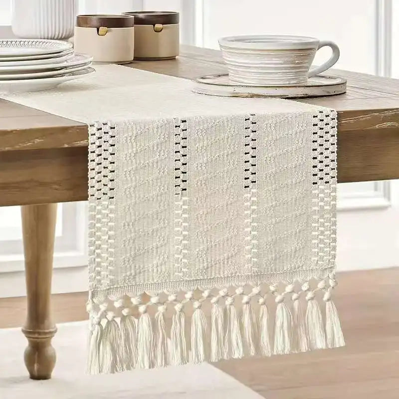 Tejesa Cotton Linen Table Runner Bohemia Solid Table Flag with tassels for Wedding Home Dining