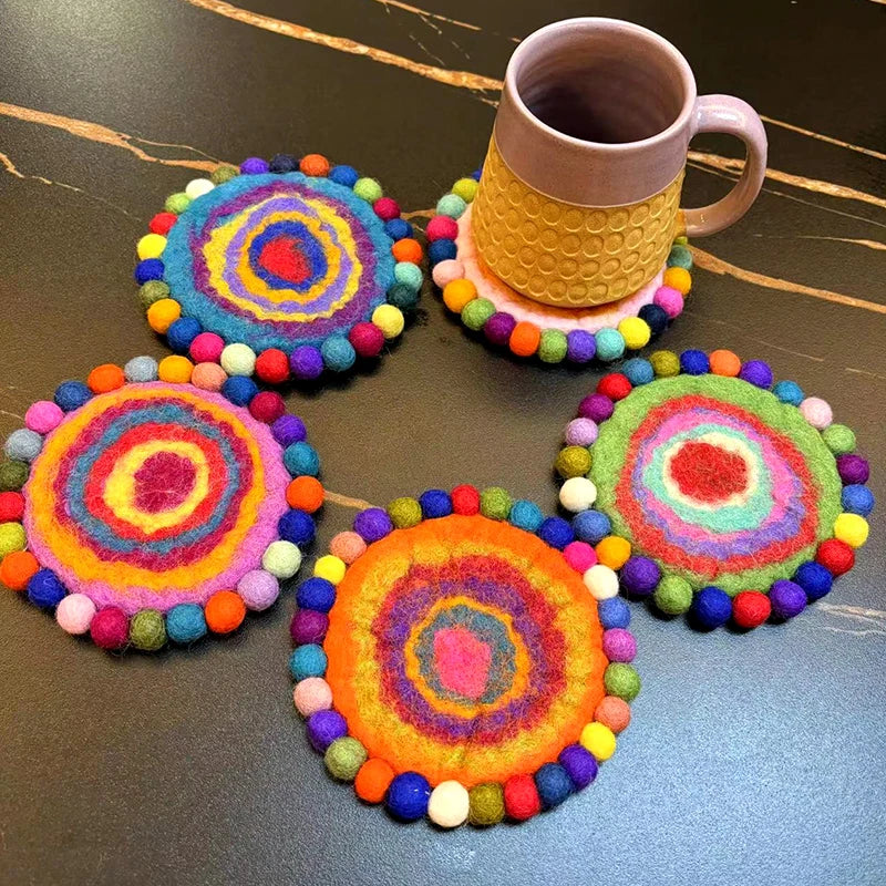 Hemasa 5pcs Felt Coasters 12Cm Round Random Coloful Balls Circle Wool Felt Placemats Heat Resistant Non-Slip Cup Mats Table Decoration
