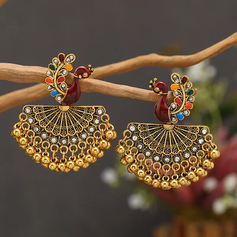 Hemasa  Bohemian Ethnic Peacock Bells Tassel Drop Earrings for Women Jhumka Brincos Pendientes