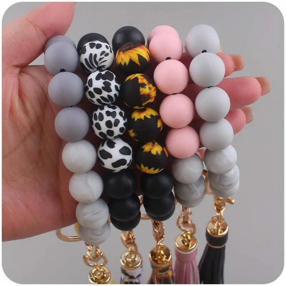 Fashion Leopard Print Silicone Round Beads Keychain For Women Men Tassel Pendant Keyring Lobster Clasp Bracelet Keychain Jewelry