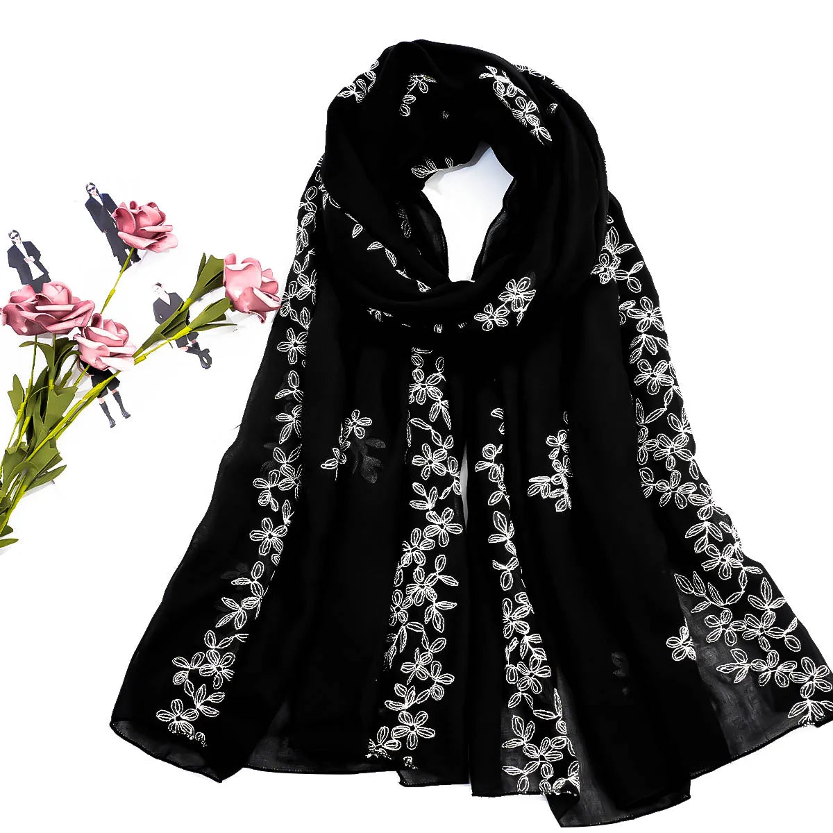 A women's fashionable embroidered embroidered soft edged thin scarf shawl