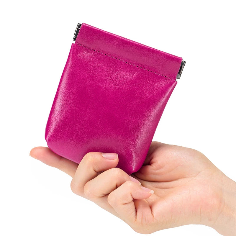 Cowhide Coin Purse Spring Sheet Automatic Closure Small Change Pouch Earphones Data Cable Storage Bag Mini Wallet for Women Men
