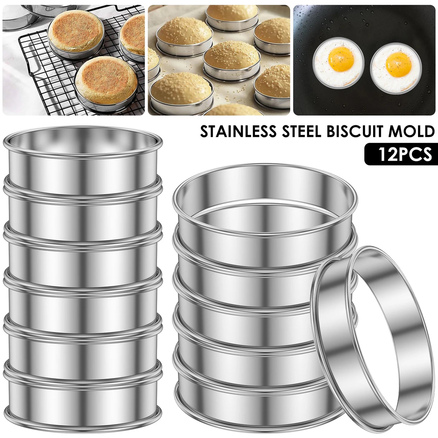 Tejesa 12Pcs Muffin Tart Rings Stainless Steel Crumpet Rings 10/8cm English Double Rolled Muffin Ring Cooking Dessert Pastry Ring Molds