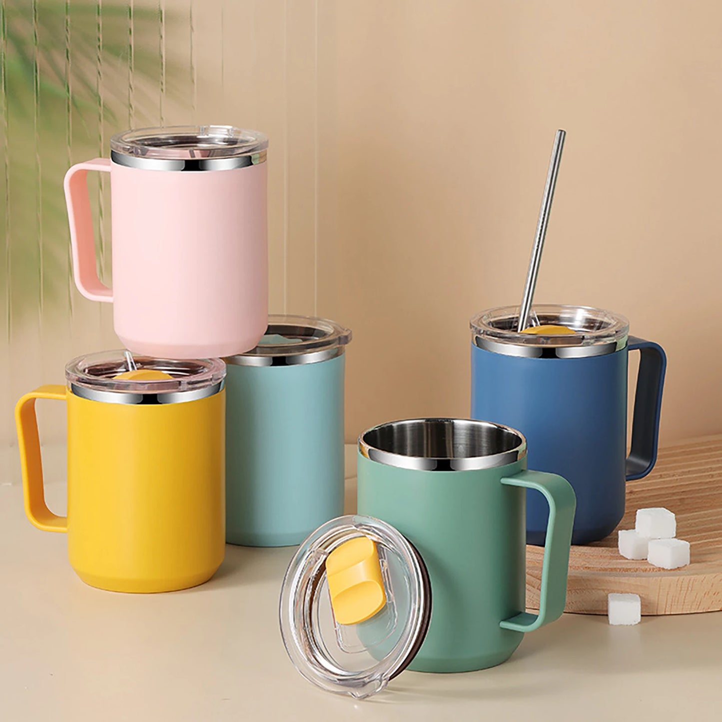 Hemasa 450ML Stainless Steel Coffee Cup Mug Handle Straw Lid Double-layer Drinkware Insulated Coffee Mug Tumbler Cold Hot Water Bottle