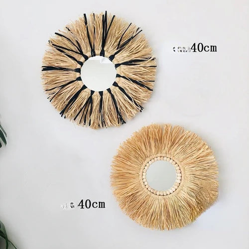 Moroccan Hemp Rope Wooden Bead Mirror Round Raffia Wall Hangings Ins Handmade Straw Decorations