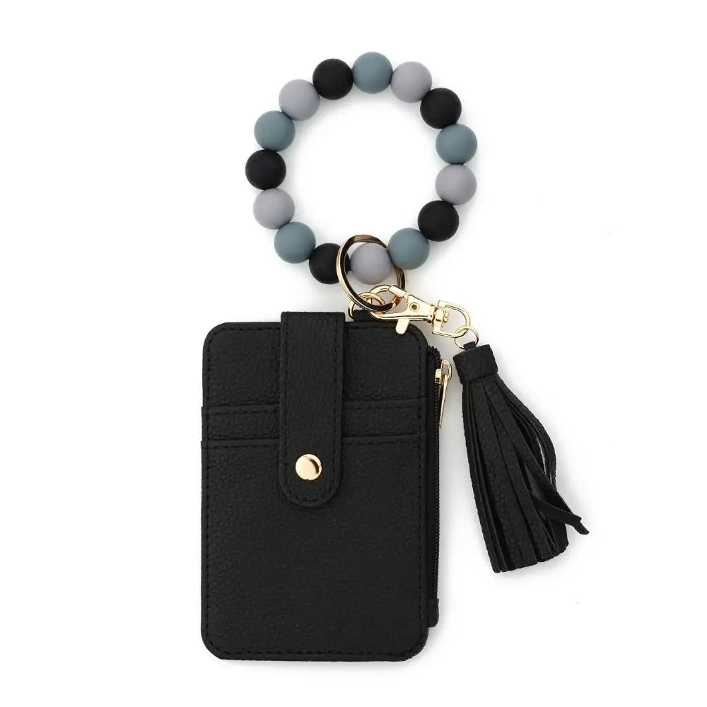 Hemasa Bohemian Style Card Holder Bracelet Keychain Floral Design Faux Leather Beaded Tassel Keychain Tassel Beaded Detail