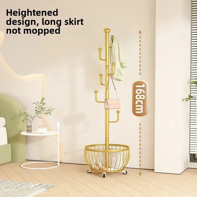 Standing Coat Rack with Basket, Entryway Coat Hanger Stand, Mobile Clothes Storage Rack with Wheels, Hallway