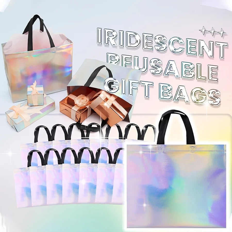 Glossy Rainbow Gift Bag 6/12Pack, 12.6x4x10.6 Inch Reusable with Handles & Base for Birthday Wedding Christmas Party